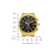 Goldfarbene Herrenuhr mit schwarzem Zifferblatt, roten Akzenten und Chronographenzählern