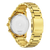 Goldfarbene Rückseite einer Herrenuhr mit Metallarmband, silbernes Gehäusefenster