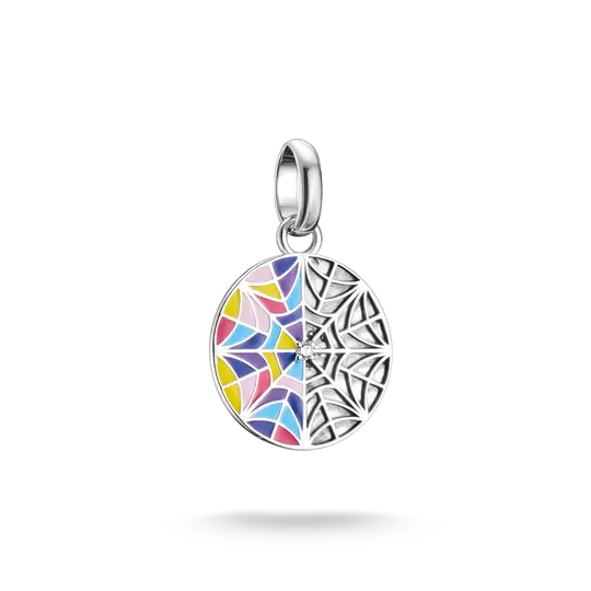 Silver charm pendant with oval motif and colorful pattern, with hanging loop