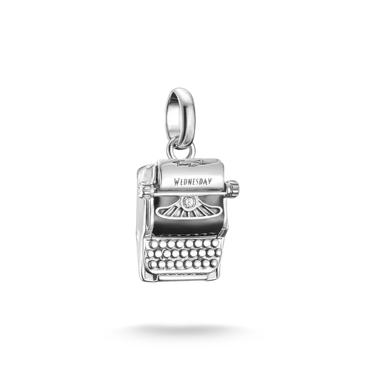 Silver Thomas Sabo charm pendant with typewriter and zirconia, 'WEDNESDAY'.