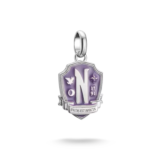 Silver charm pendant with purple shield, letter "N" and 17/91