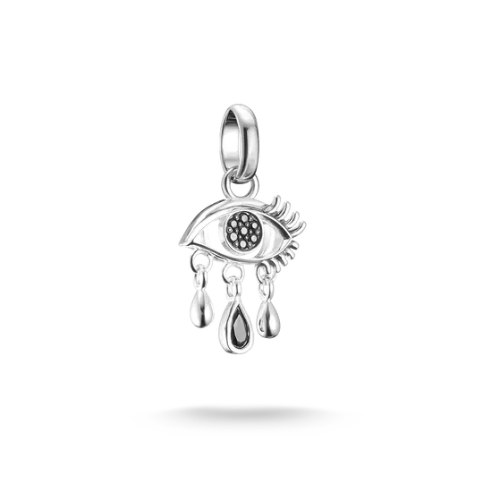Silver-colored charm pendant with black teardrop stone and cubic zirconia