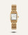 Goldene Damenarmbanduhr mit rechteckigem Gehäuse, weißem Zifferblatt und Gliederarmband