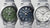 Drei Edelstahl-Herrenarmbanduhren mit grünem, blauem und silbernem Zifferblatt