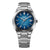 Frontansicht Herrenarmbanduhr mit blauem Zifferblatt und silbernem Edelstahlband