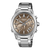Frontansicht: Herrenarmbanduhr mit silbernem Metallband und braunem Zifferblatt mit Subdials