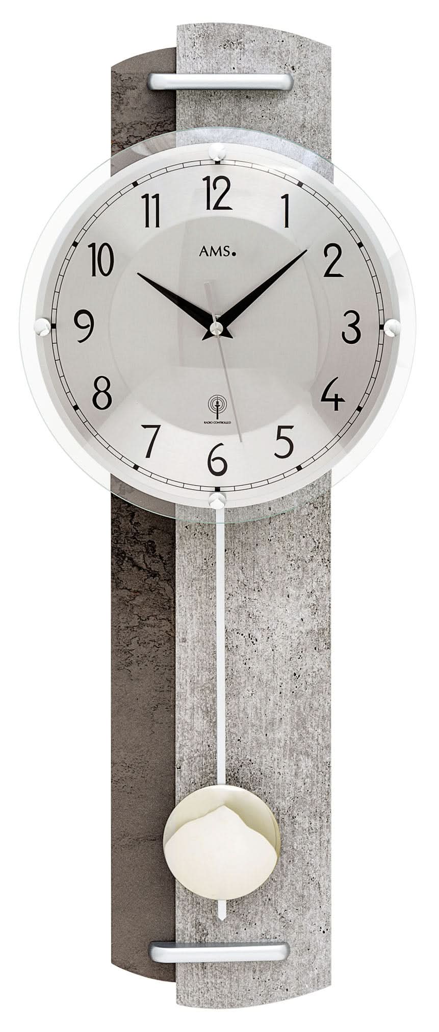 AMS Wooden Wall Clock • Modern Stone Look • Radio-Controlled Pendulum Movement