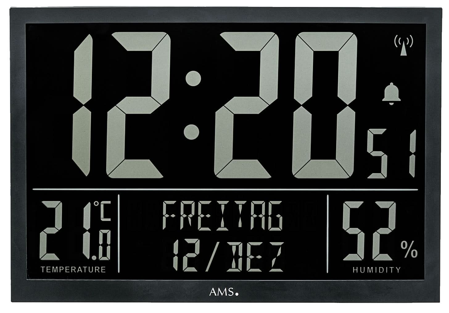 AMS Plastic Wall Clock • Precise Radio Time • Convenient Climate Display