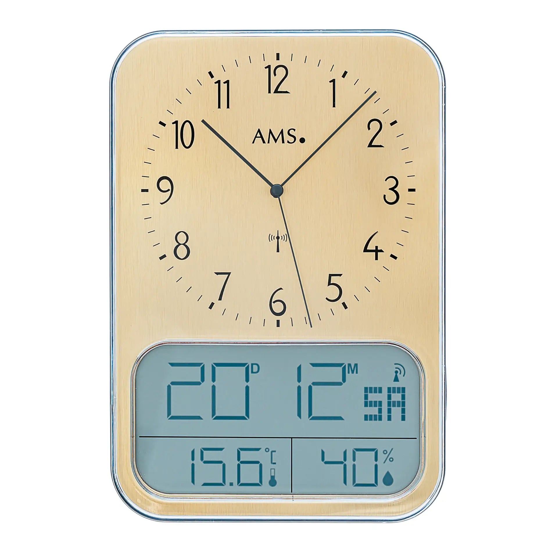AMS wooden-look wall clock with LCD display, round housing, blue display