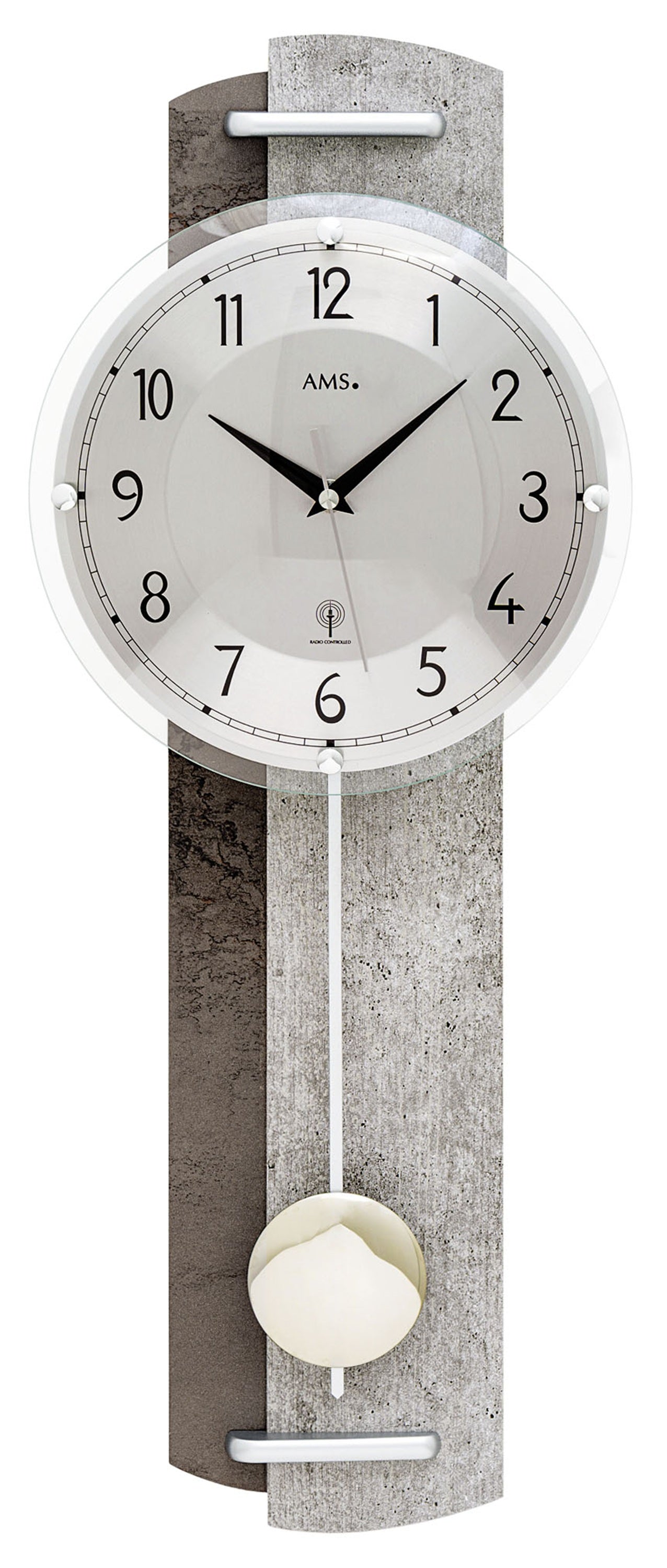 Wall clock with round dial, wood case in stone look and pendulum ball