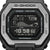 Casio G-Shock Uhrwerk-Detail: schwarzes Display, silberne Lünette und Tasten.