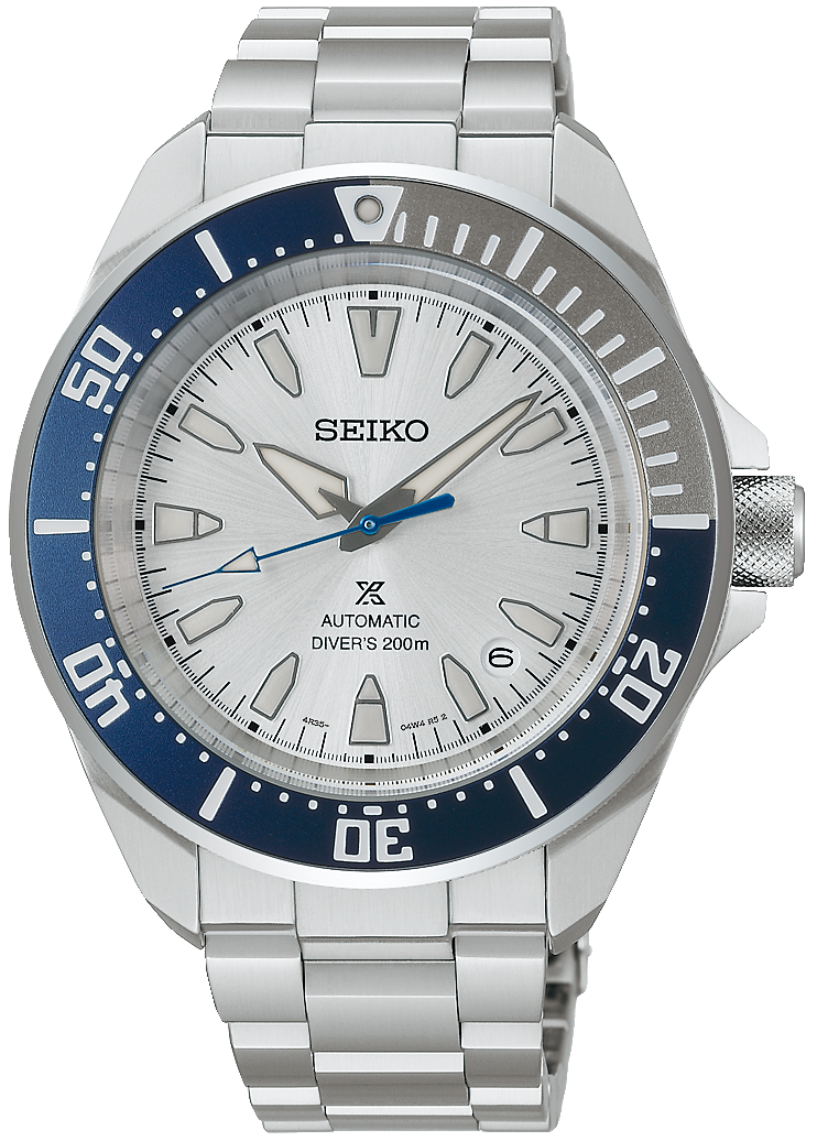 Seiko men's watch with silver stainless steel bracelet, blue bezel, and white dial