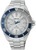Seiko men's watch with silver stainless steel bracelet, blue bezel, and white dial