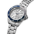 Seiko men's watch with silver stainless steel case, blue and white bezel ring, and white dial