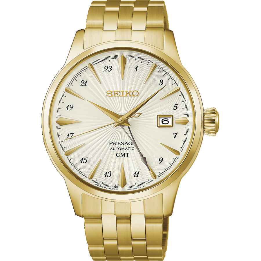 Seiko PRESAGE Cocktail Time HCB004J1 Men's Watch Yellow Gold • GMT Hand • Automatic Movement Calibre 4R34