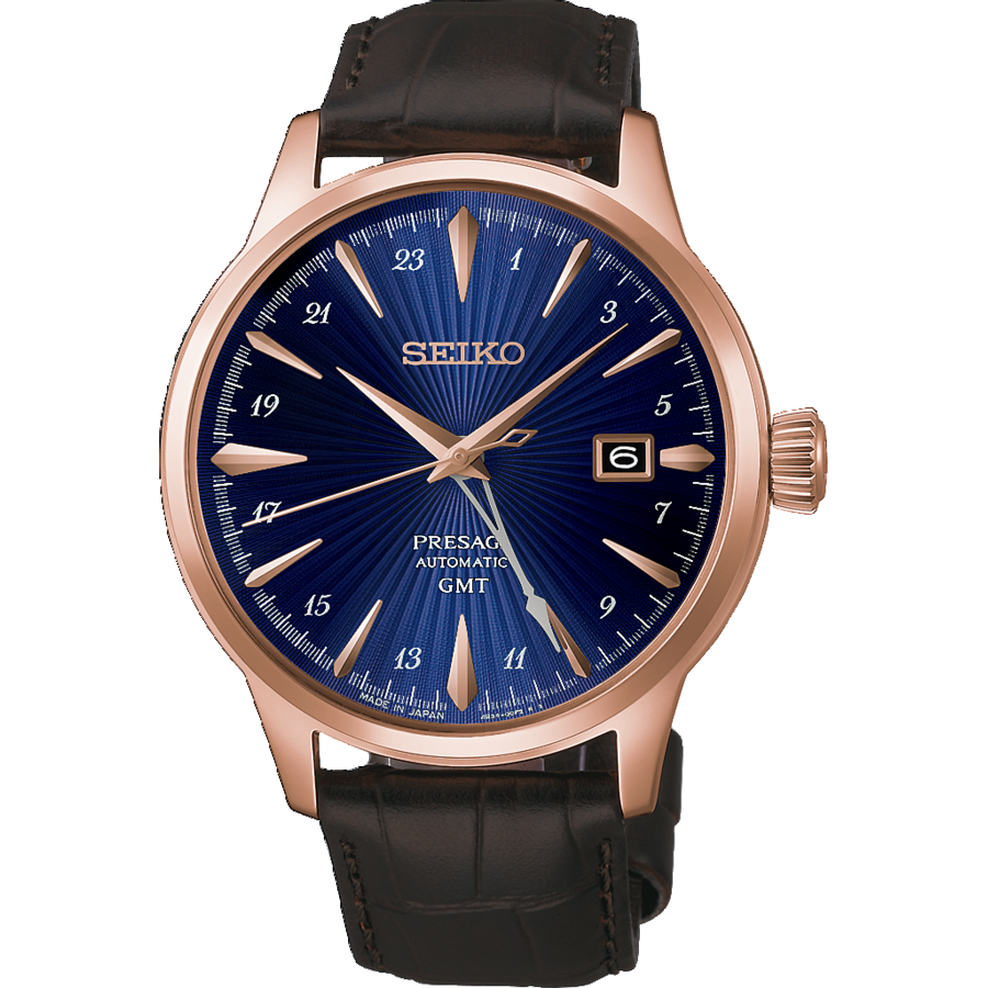 Seiko PRESAGE HCB005J1 Men's Watch Blue • Automatic Movement with GMT • Rose Gold Case