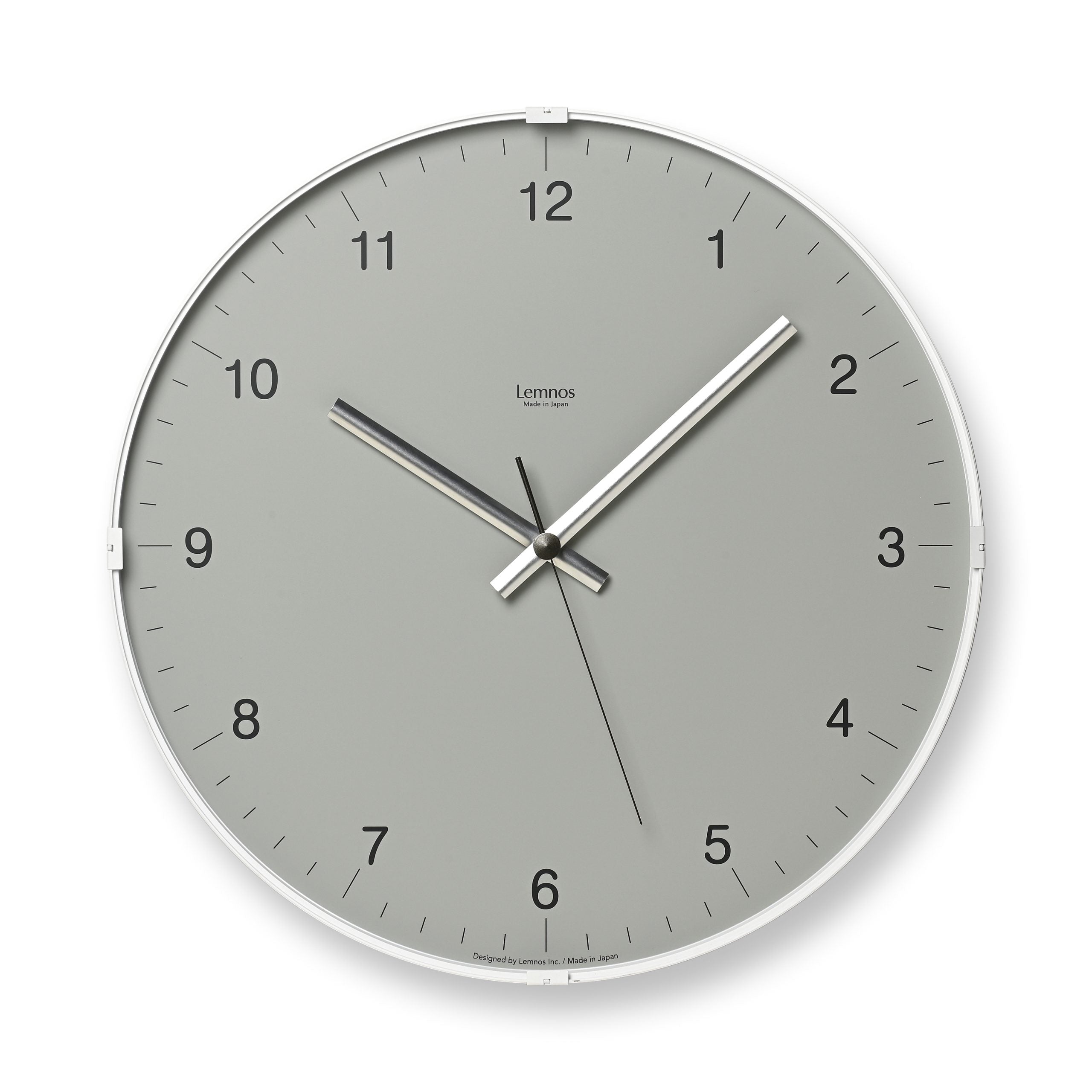 Lemnos Wanduhr mit grauem Zifferblatt, silbernen Zeigern und Indexen, rund