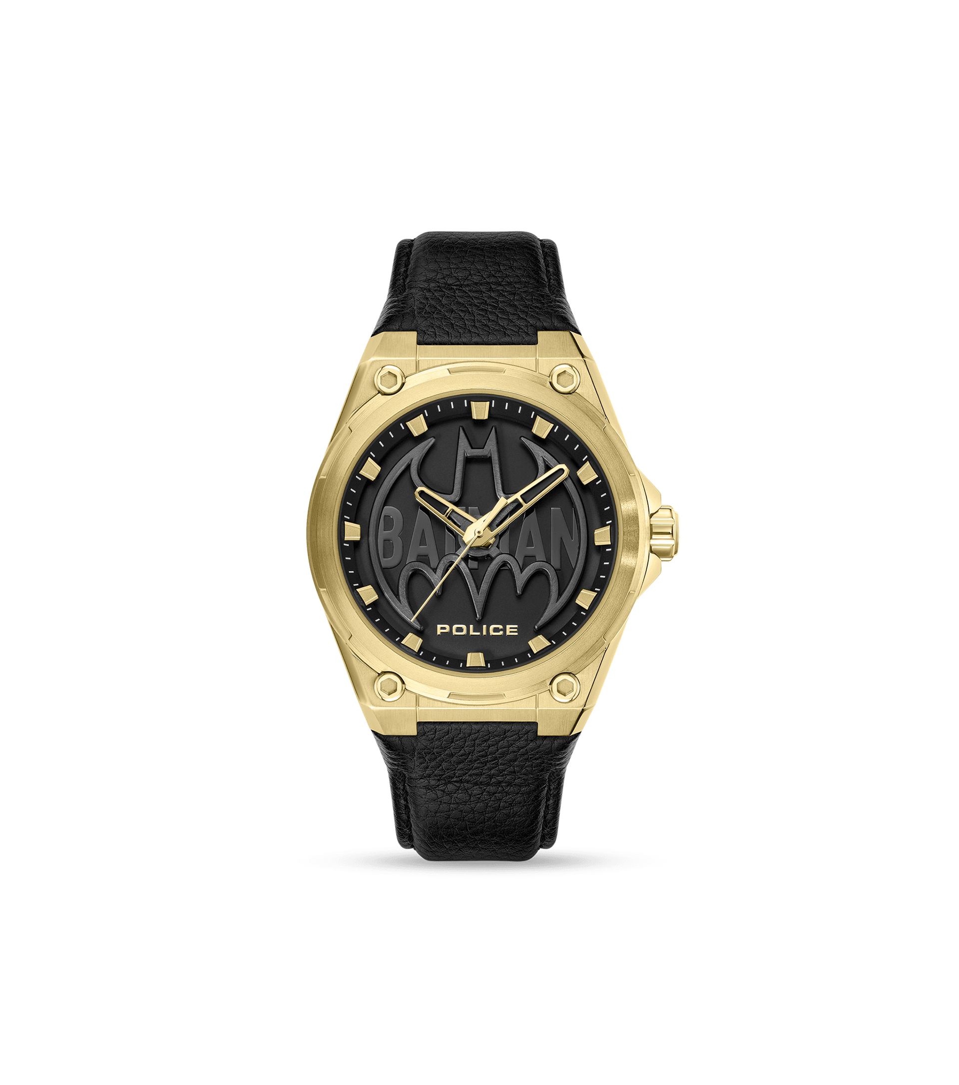 Police Batwing PEWGA0090006-SET Herrenuhr Schwarz/Gold • Goldplattiertes Edelstahlgehäuse • Rotierendes Batman-Symbol