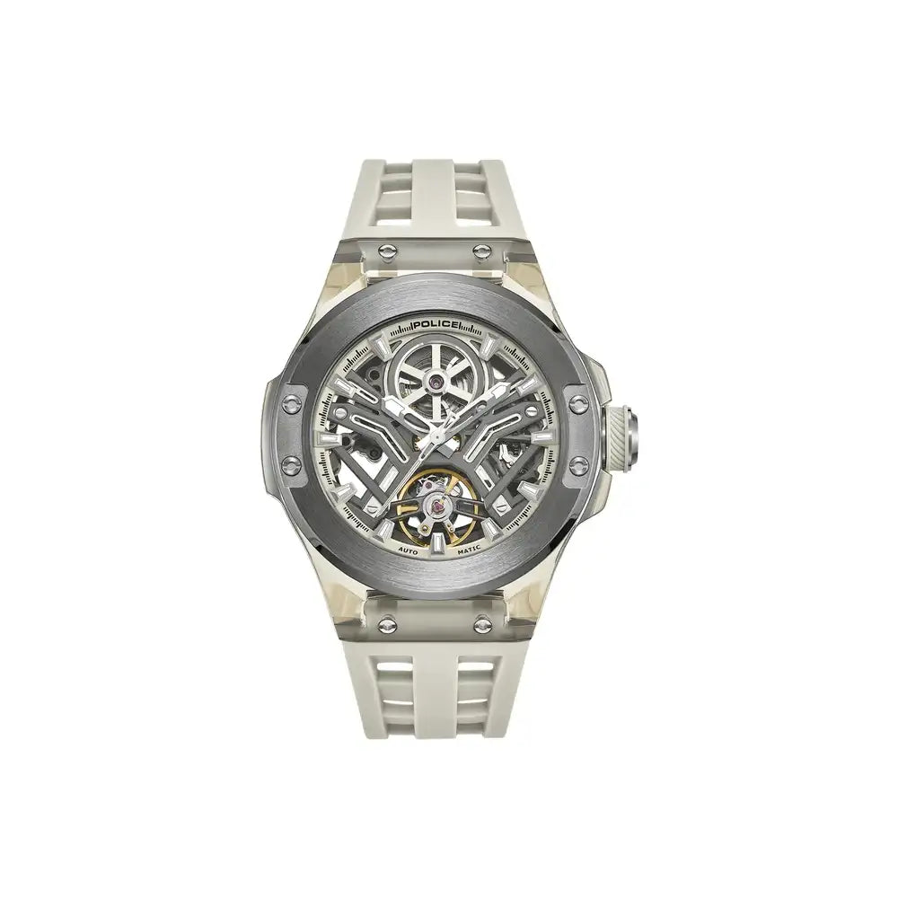 Herrenuhr mit Skelettwerk und grauem Metallgehäuse, helles Silikonarmband