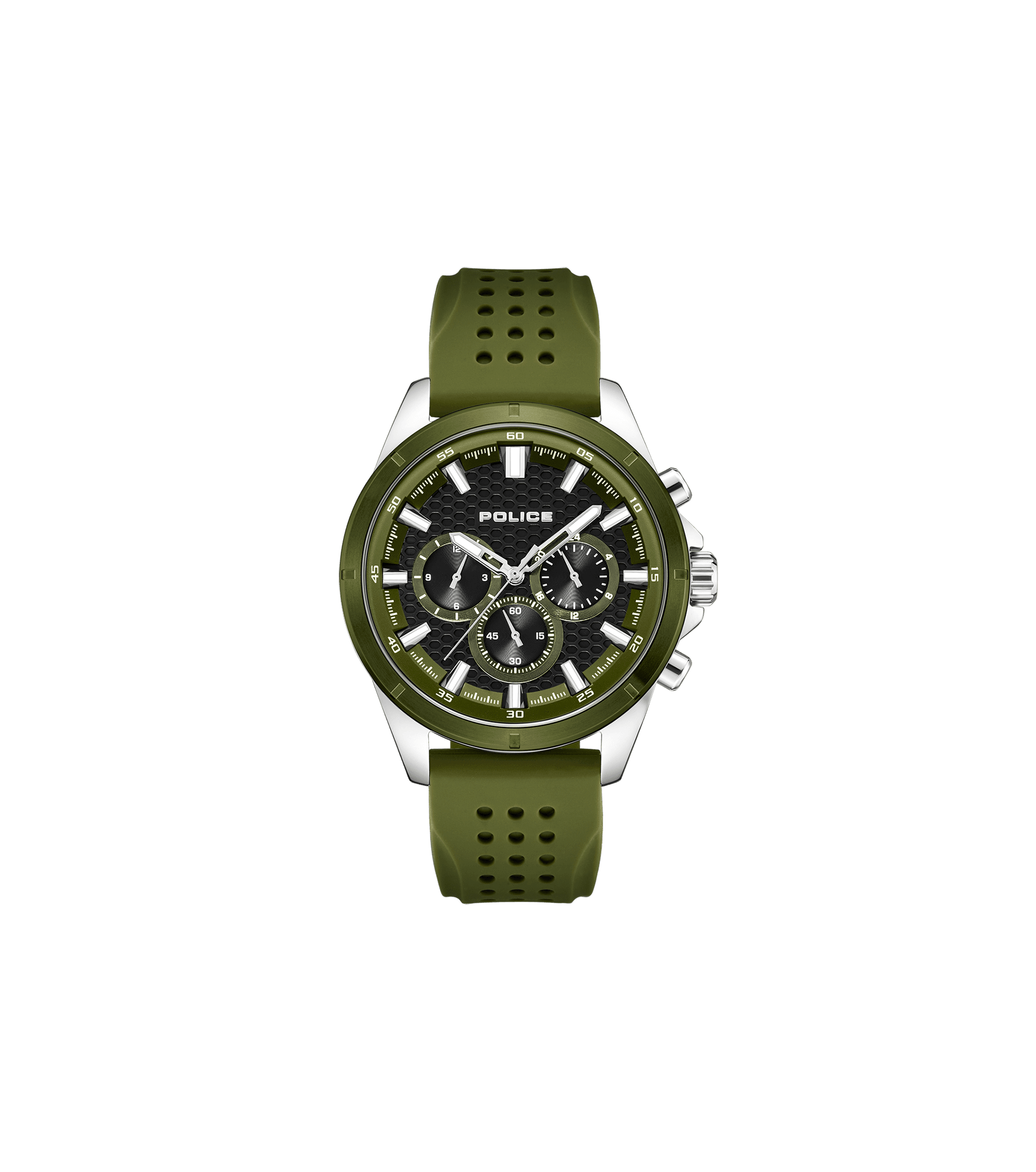 Police Motion PEWJQ2204111M Herrenuhr Oliv • Multifunction-Chronograph • Silikonarmband