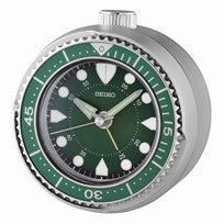 Seiko Wecker mit silbernem Gehäuse, grünem Zifferblatt und drehbarer Lünette