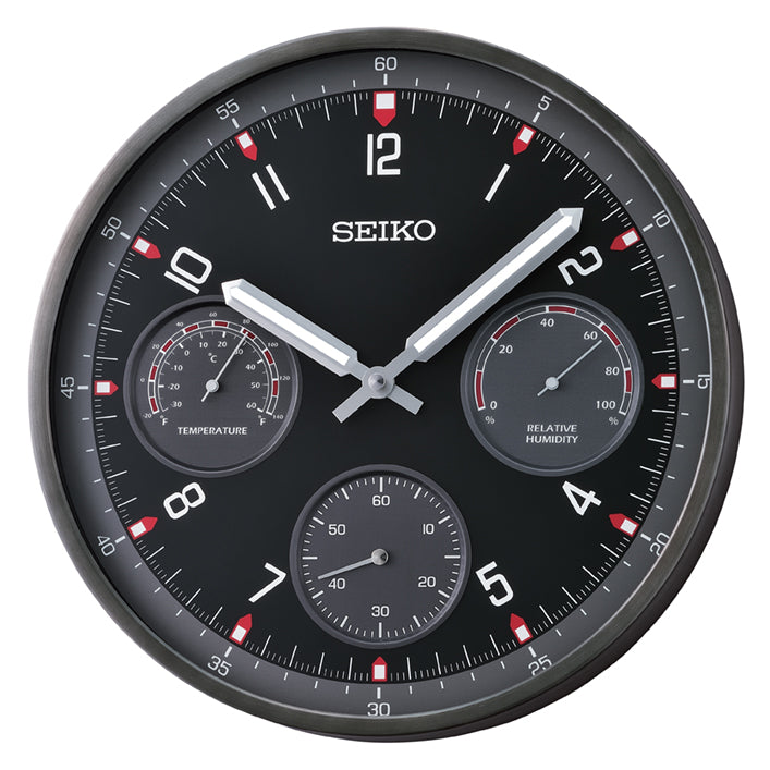 Seiko Shelby II QXA823K Wall Clock Anthracite • Thermometer & Hygrometer • Sweep Quartz Movement