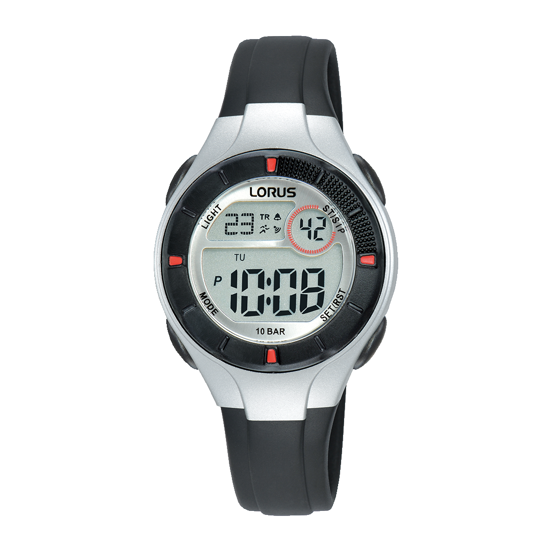 Lorus Kinder-Armbanduhr: schwarzes Kunststoffband, rundes Digitaldisplay
