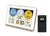 Radio weather station with bright digital display and outdoor sensor, shows weather data and time.