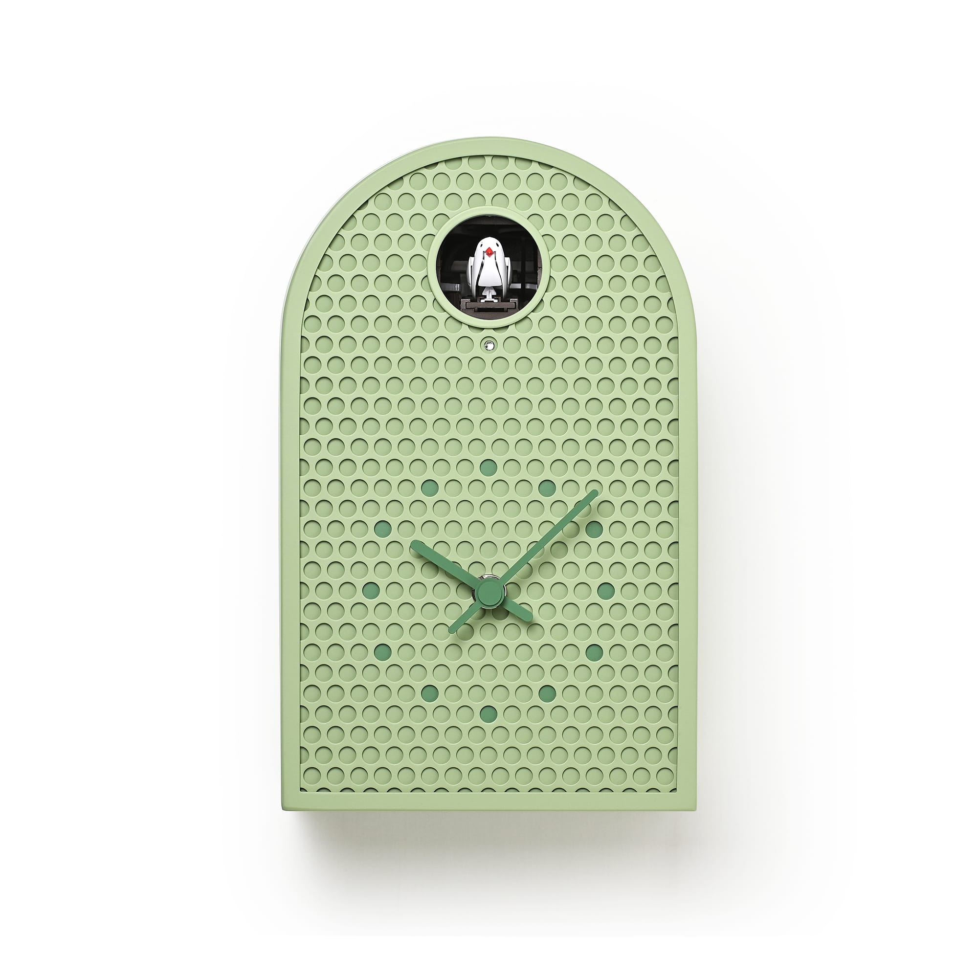 Grüne Wanduhr mit Relief-Punktemuster, Glasfenster mit Kuckuckfigur und grünen Zeigern.