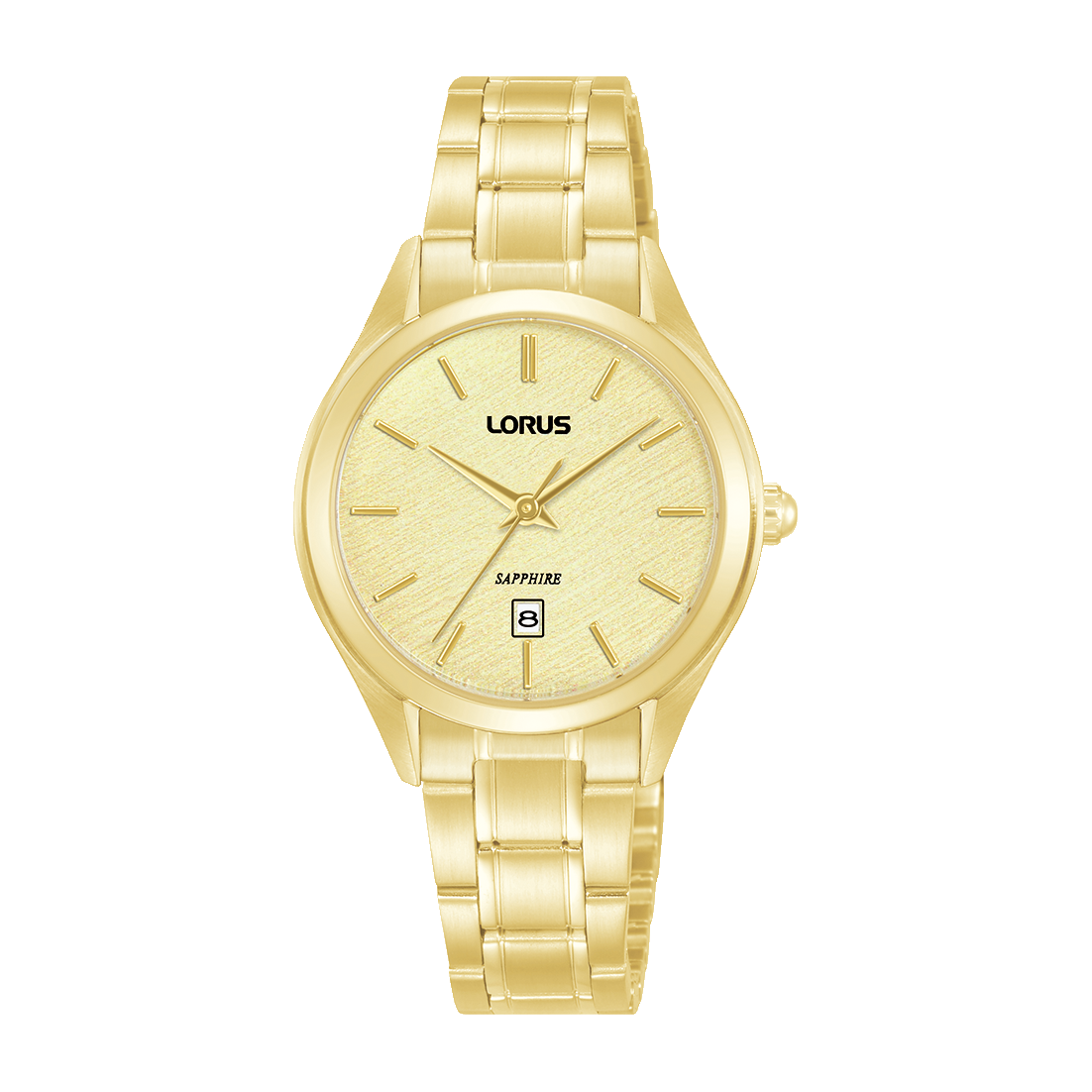 Goldfarbene Damenarmbanduhr mit rundem Zifferblatt, Datumsanzeige und Saphirglas
