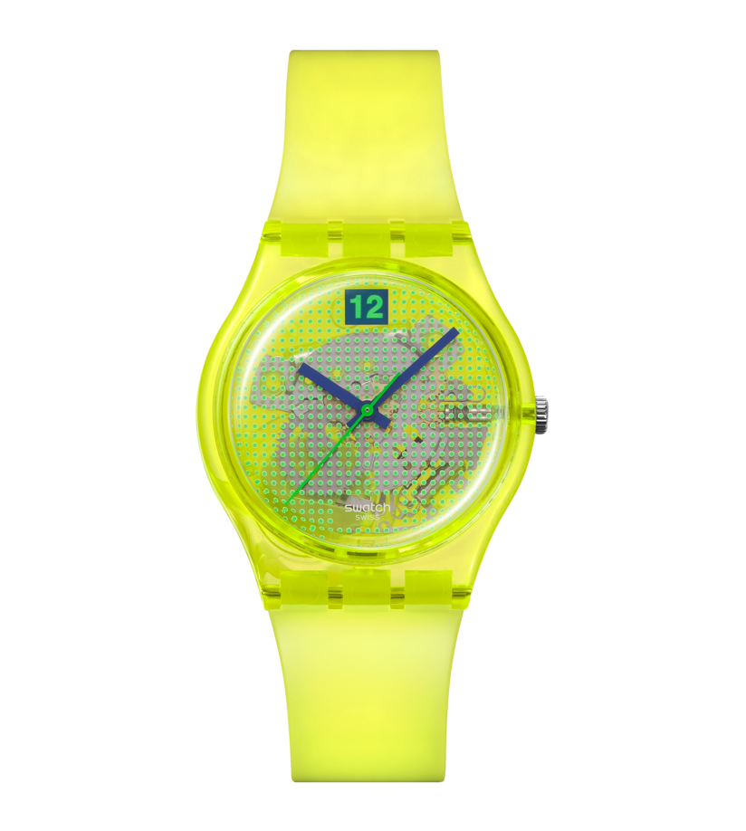 Swatch Originals Medium SO28J103 Luminously Lemon Damenuhr Transparent • Biosourciertes Gehäuse • 80s Retro-Design