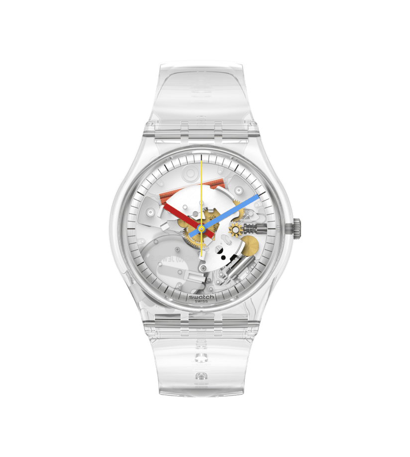 Swatch Originals Medium SO28K100-S06 Armbanduhr Transparent • Biosourced Gehäuse • Farbige Zeiger