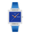 Swatch Armbanduhr: quadratisches transparentes Gehäuse, blaues Zifferblatt, Silikonband