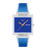 Swatch Armbanduhr: blaues Zifferblatt mit orangefarbene Zeigern, transparentes Gehäuse