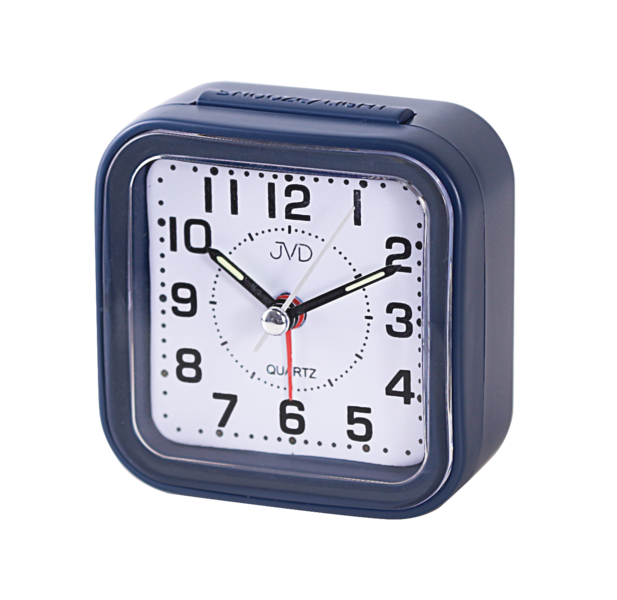 Analog väckarklocka med blått hölje, rund analog urtavla med siffrorna 1–12, JVD Quartz