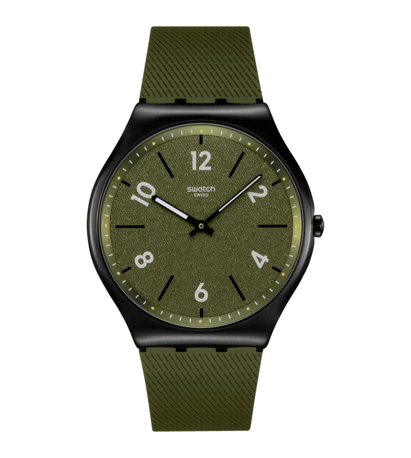 Swatch New Skin Irony SS07B115 Damen Armbanduhr Dunkelgrün • Leuchtzeigerzeiger • Ultraflach