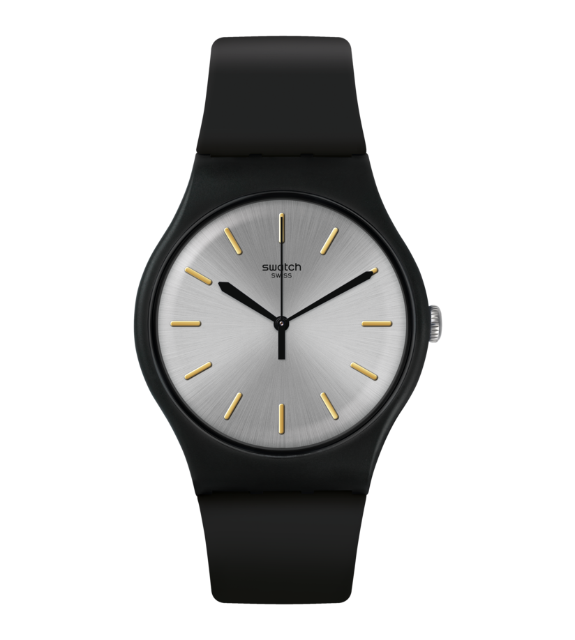 Swatch Originals Large SUOB173 Herrenuhr Schwarz • Silberfarbenes Sunbrush-Zifferblatt • Goldfarbene Swatch Applikationen