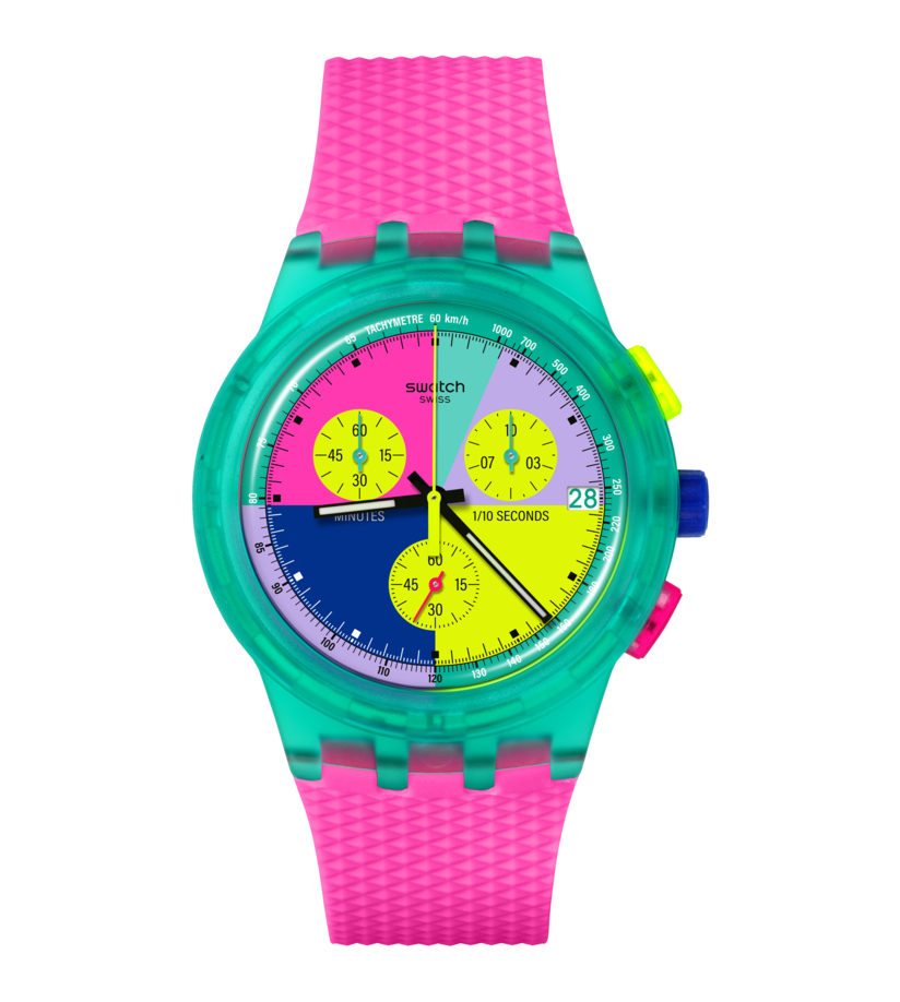 Swatch Neon Flash Arrow SUSG408 Herrenuhr Mehrfarbig • Chronograph mit Tachymeter • Leuchtende Zeiger