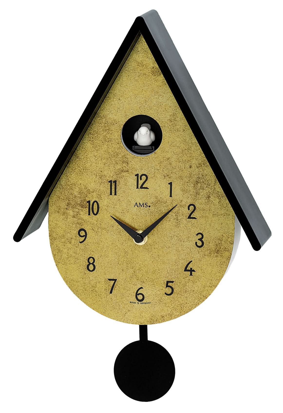 AMS Plastic Wall Clock, Brass • Precise quartz pendulum movement • Cuckoo call every hour on the hour