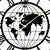 Wall clock with world map on round dial, gold hour and minute hands, AMS logo