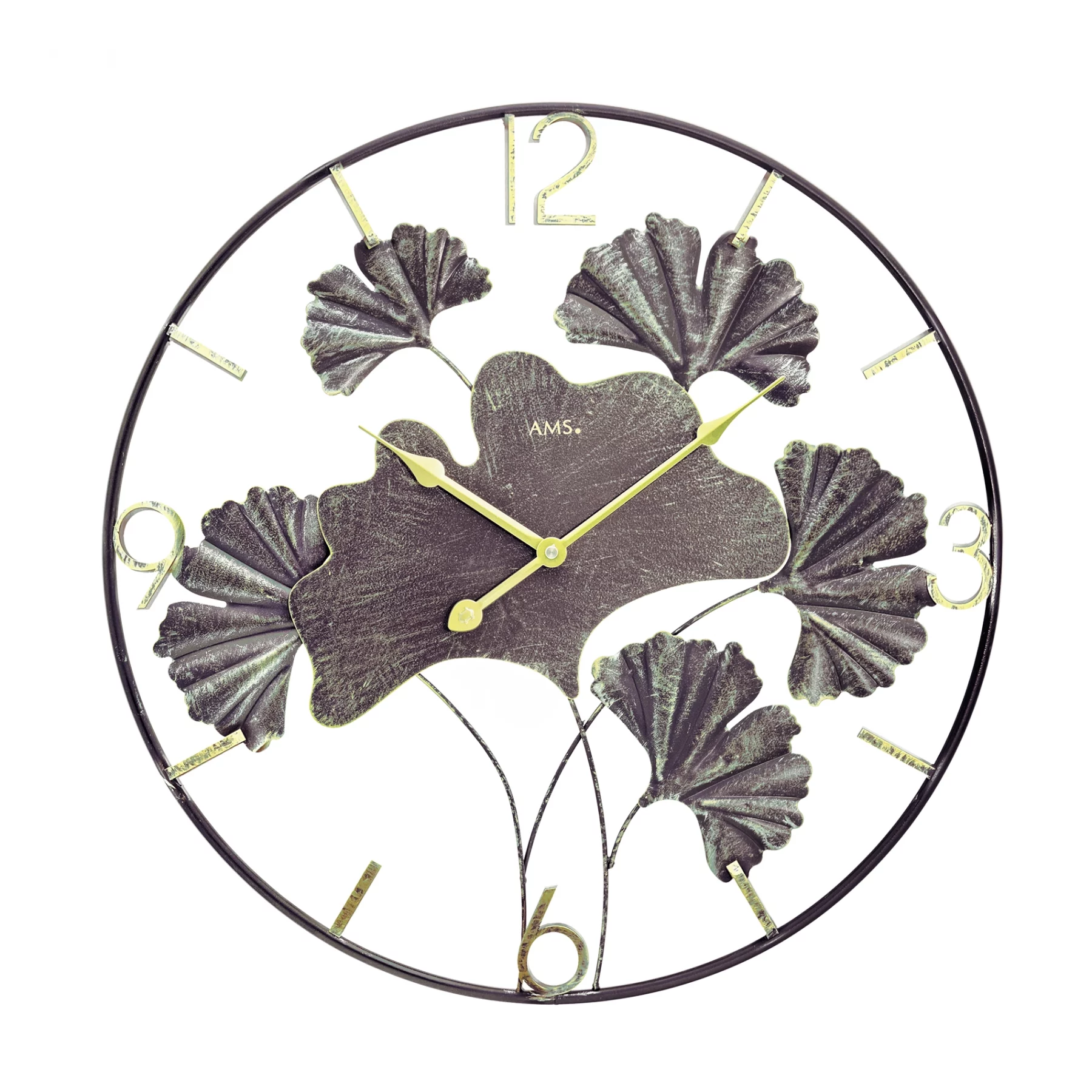 Wall clock with Ginkgo metal design: dark gray face, yellow hands and numerals