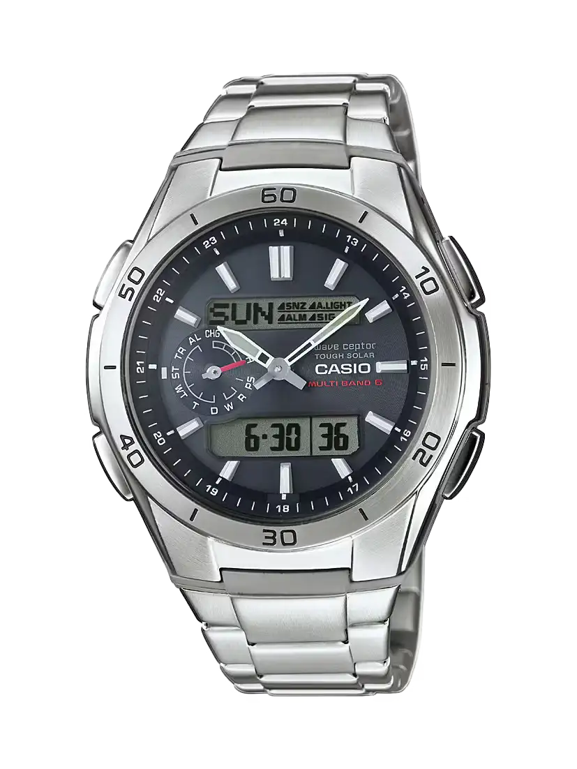 Casio men's watch with silver-tone metal bracelet, black dial, and date