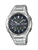 Casio men's watch with silver-tone metal bracelet, black dial, and date