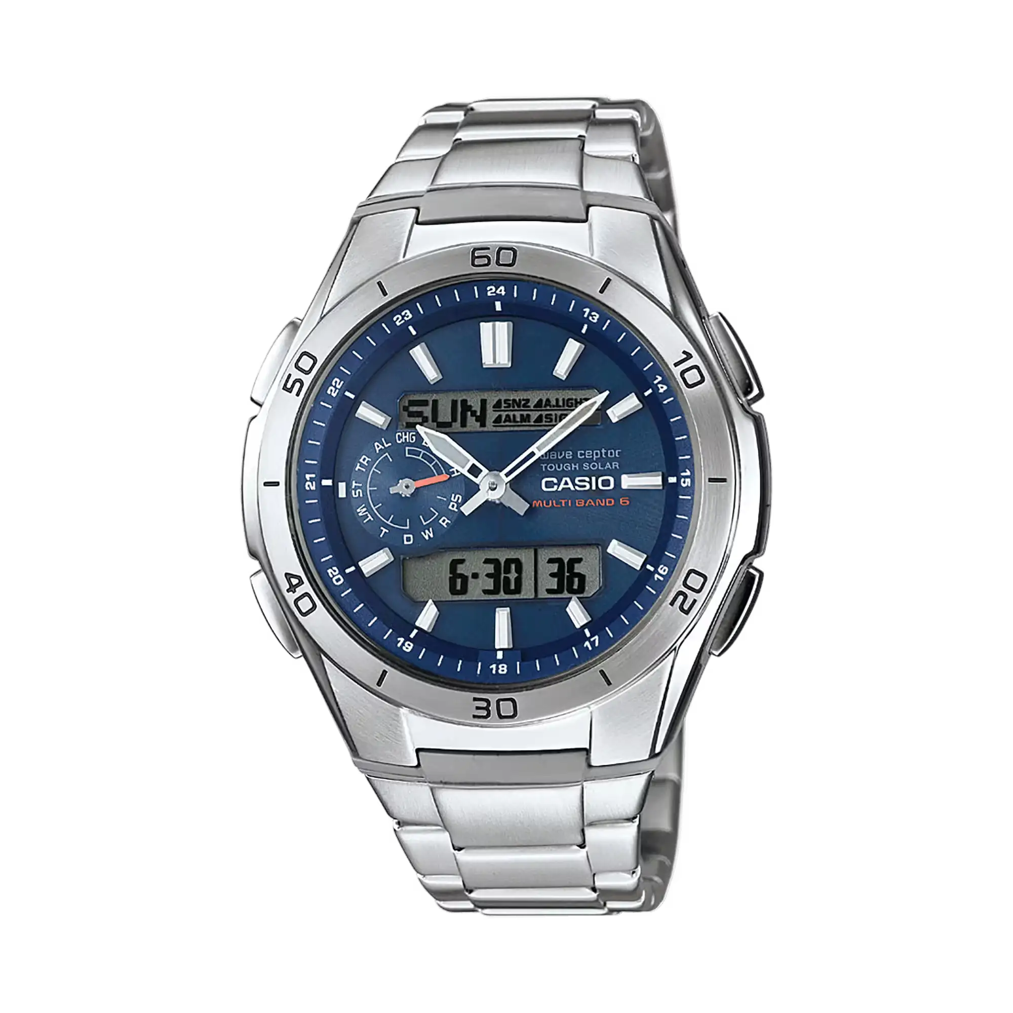 Men's wristwatch with blue dial, silver stainless steel bracelet, and visible date display