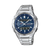 Men's wristwatch with blue dial, silver stainless steel bracelet, and visible date display