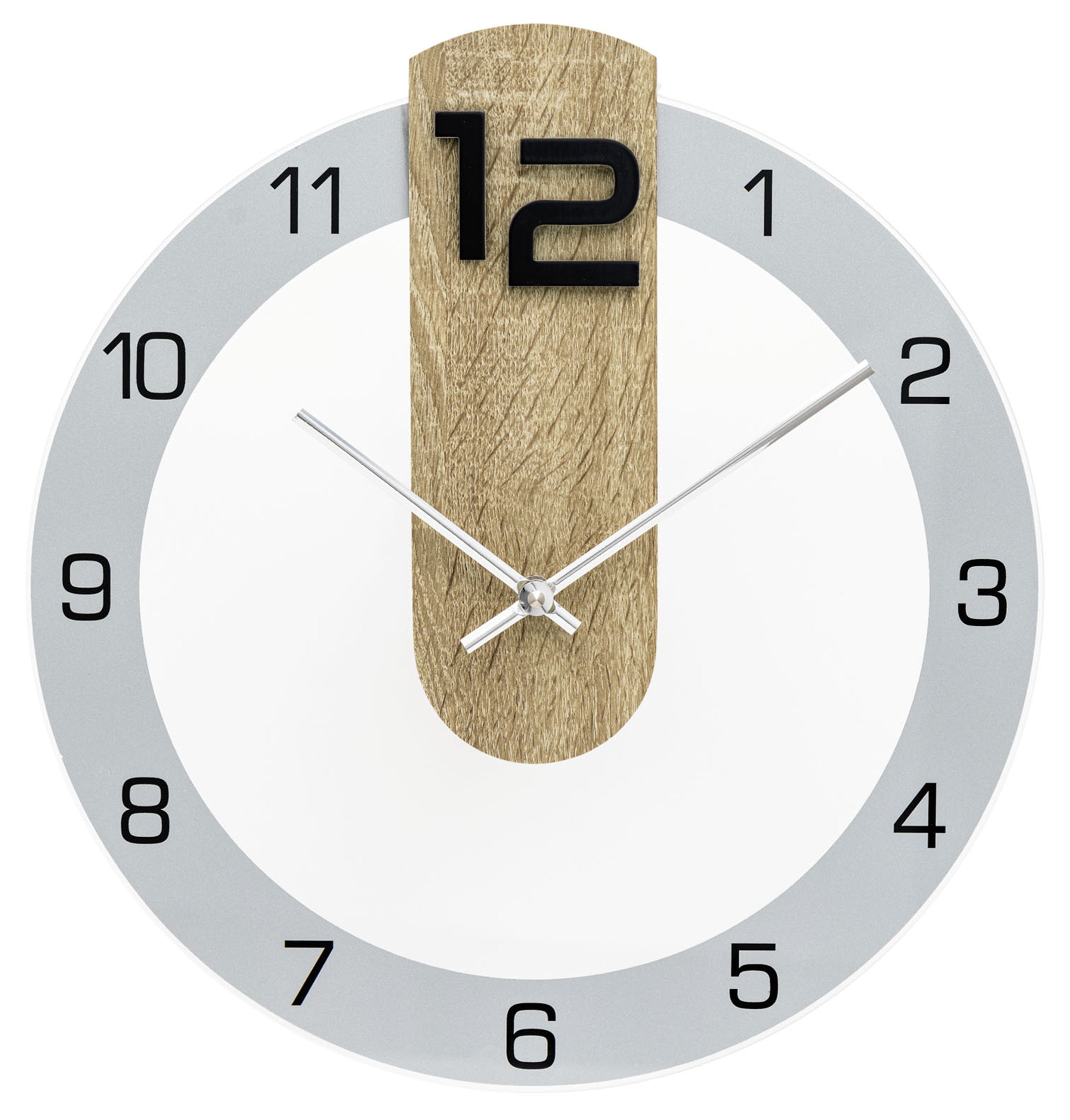 Wall clock with round dial, gray markers, and natural wood element