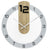 Wall clock with round dial, gray markers, and natural wood element