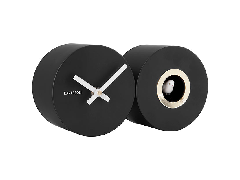 Karlsson Duo Cuckoo KA5789BK Wanduhr Schwarz • Kuckucksgeräusch jede Stunde • Geräuscharmes Sweep-Uhrwerk