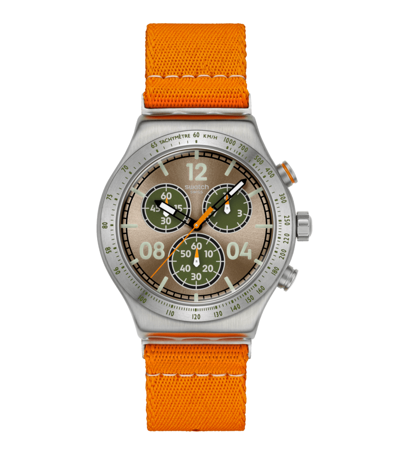 Swatch Irony Chrono New YVS101 Herren Armbanduhr Hellbraun • Tachymeter-Lünette • Leuchtzeiger