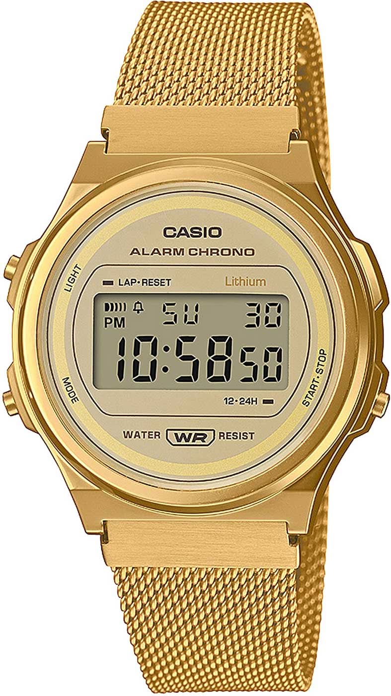 Casio Vintage A171WEMG-9AEF Watch • Iconic Retro Design • Gold Mesh Strap
